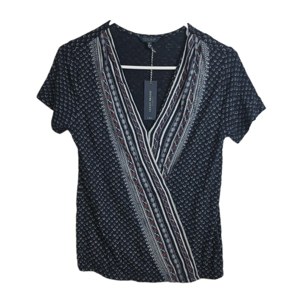 NWT Lucky Brand T-Shirt Women's S Blue Floral V-Neck Short Sleeves